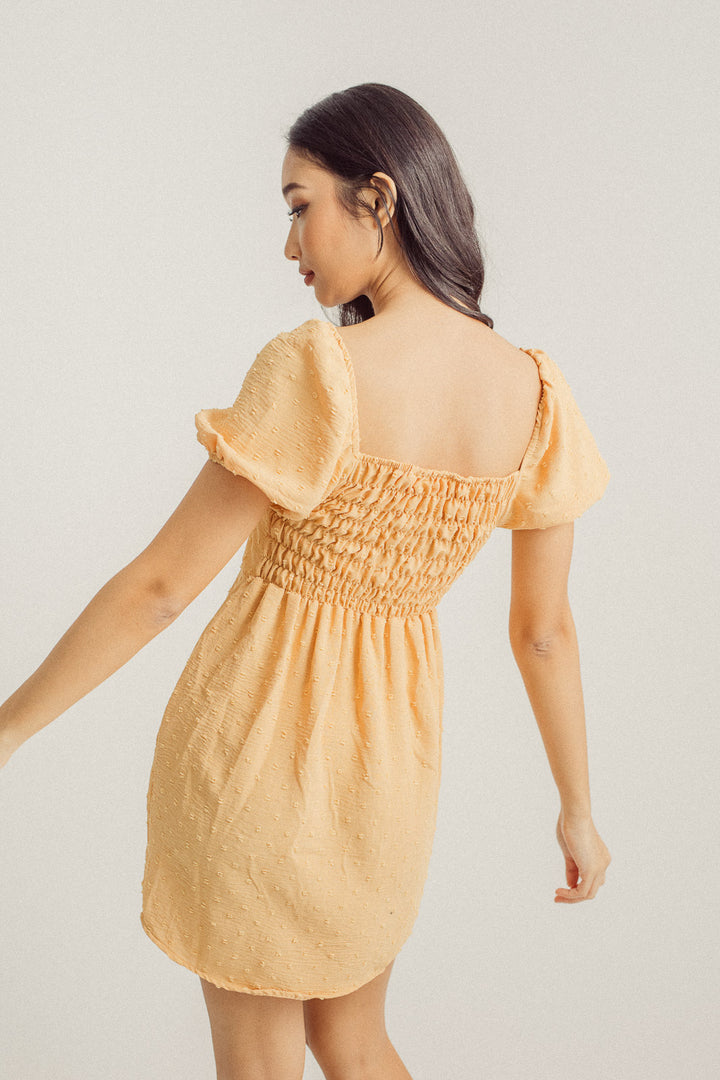 Nicole Canary Yellow Square Neck Puff Sleeves Elastic Back Mini Dress