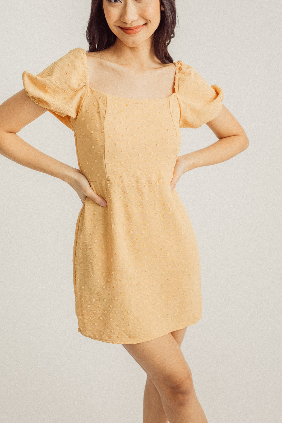 Nicole Canary Yellow Square Neck Puff Sleeves Elastic Back Mini Dress