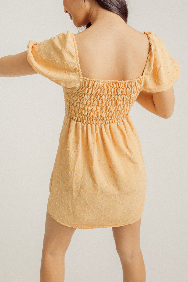 Nicole Canary Yellow Square Neck Puff Sleeves Elastic Back Mini Dress