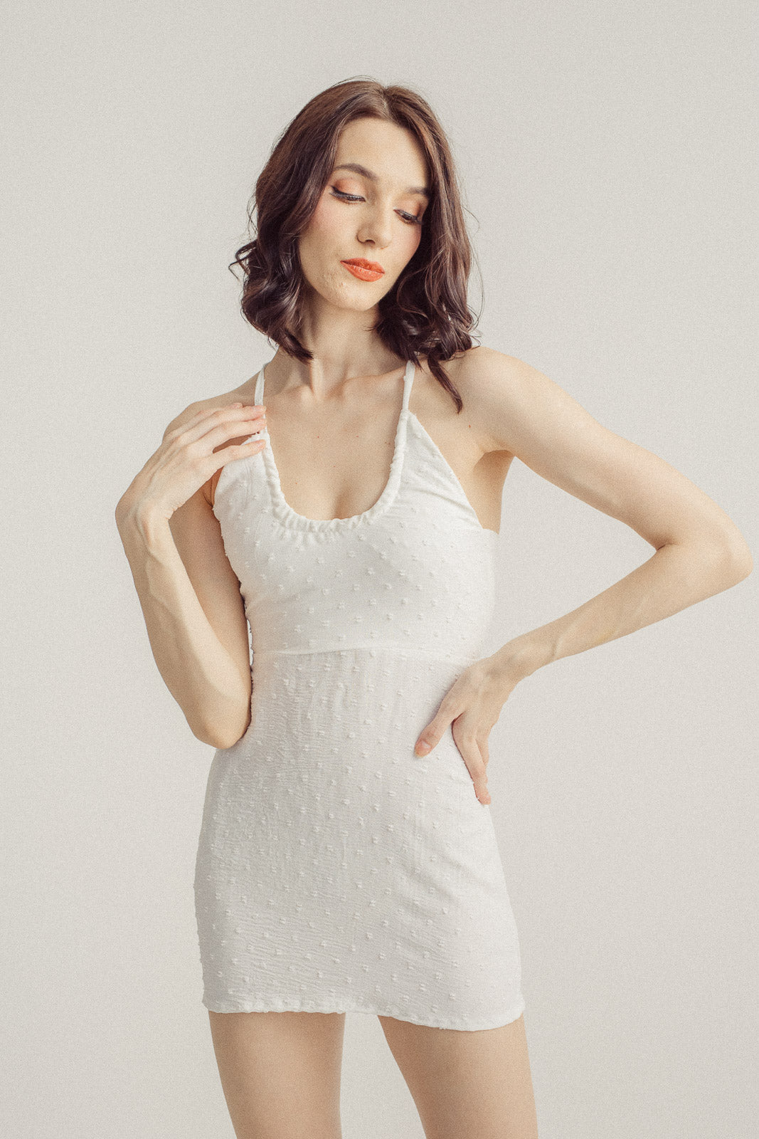 Liezel White Scoop Neck Halter Self Tie Hollow Back Sleeveless Mini Dress