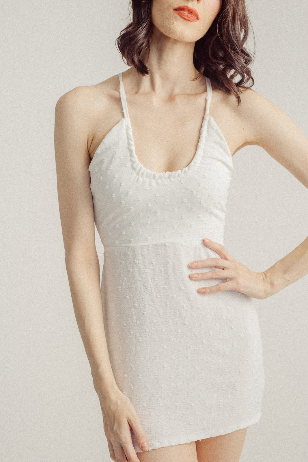 Liezel White Scoop Neck Halter Self Tie Hollow Back Sleeveless Mini Dress