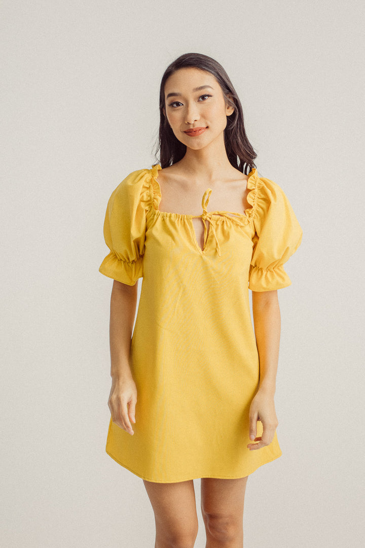 Mirabel Mustard Square Neck Bow Bust Puff Sleeves Loose Mini Dress