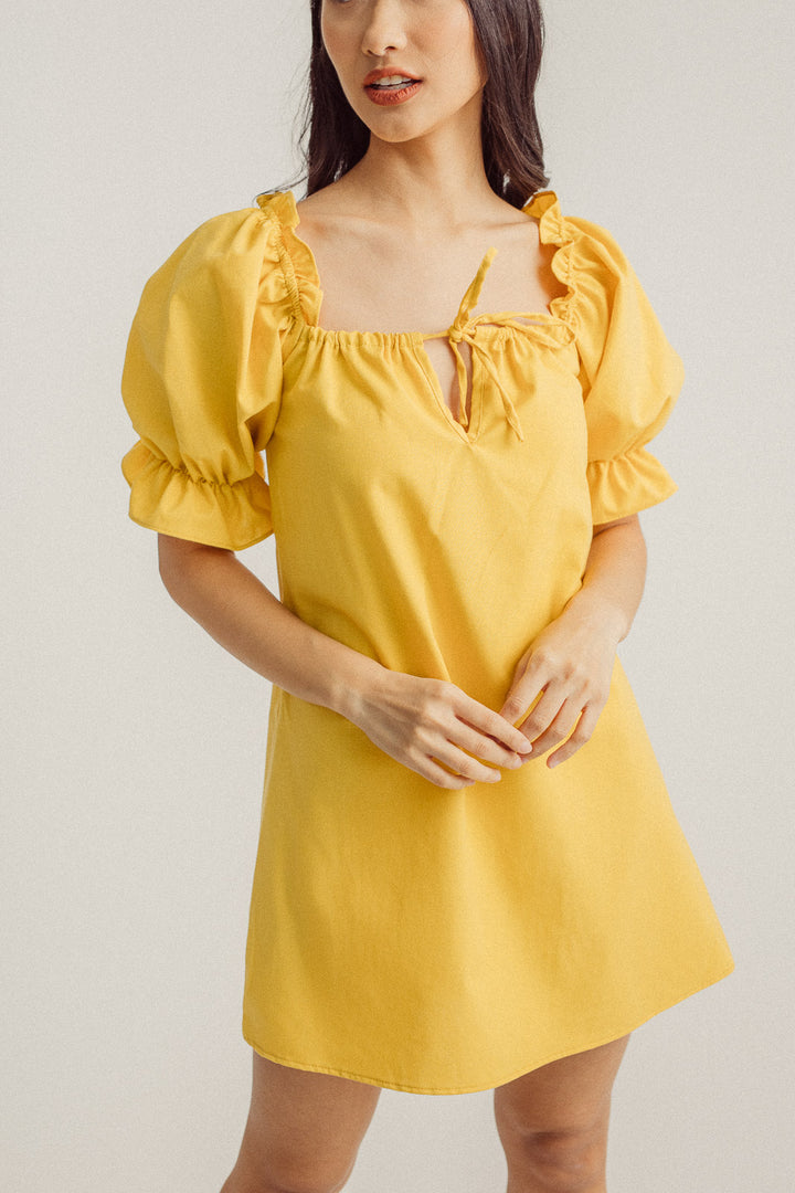 Mirabel Mustard Square Neck Bow Bust Puff Sleeves Loose Mini Dress