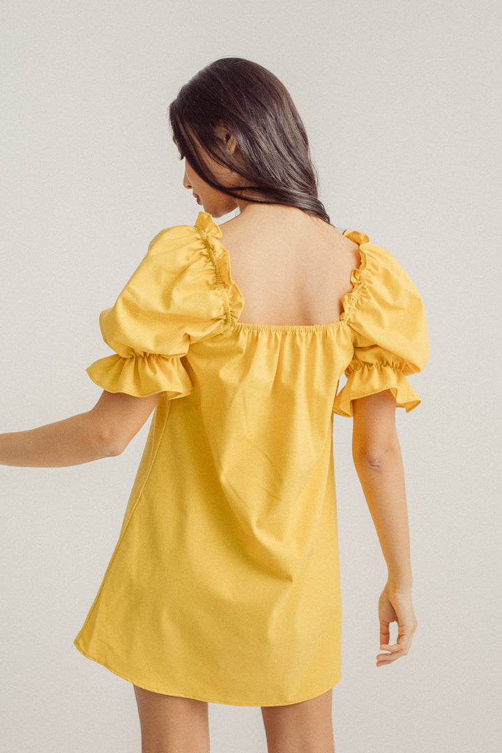 Mirabel Mustard Square Neck Bow Bust Puff Sleeves Loose Mini Dress