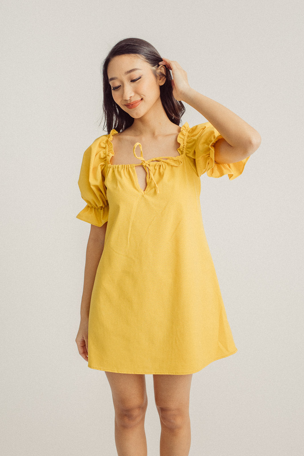 Mirabel Mustard Square Neck Bow Bust Puff Sleeves Loose Mini Dress