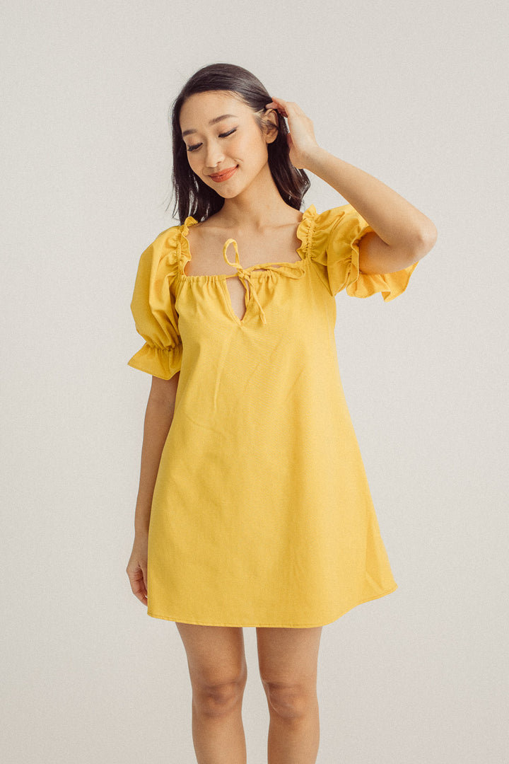 Mirabel Mustard Square Neck Bow Bust Puff Sleeves Loose Mini Dress