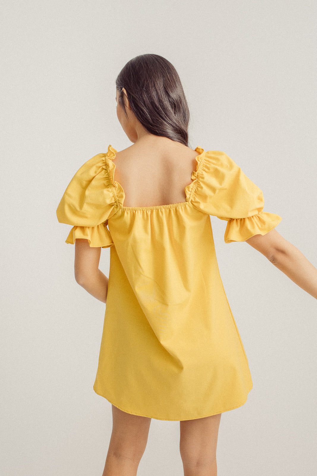 Mirabel Mustard Square Neck Bow Bust Puff Sleeves Loose Mini Dress
