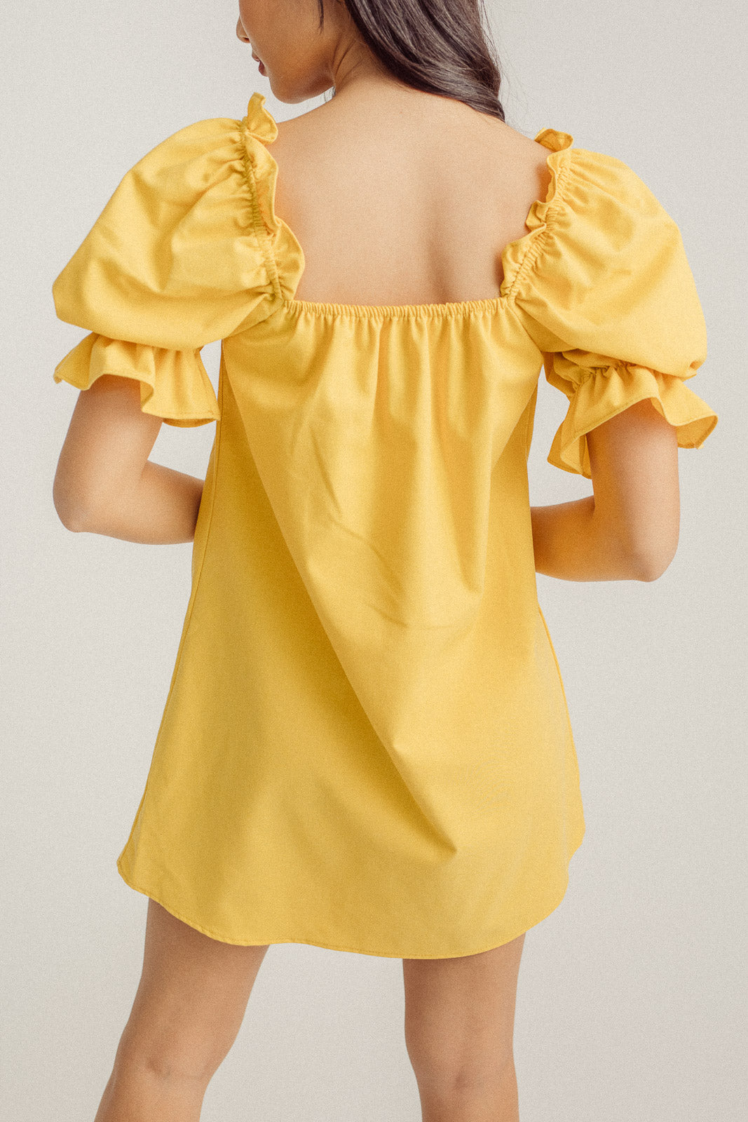 Mirabel Mustard Square Neck Bow Bust Puff Sleeves Loose Mini Dress