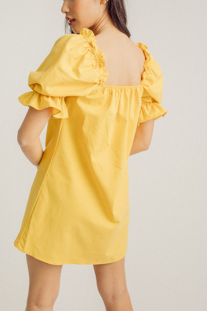 Mirabel Mustard Square Neck Bow Bust Puff Sleeves Loose Mini Dress