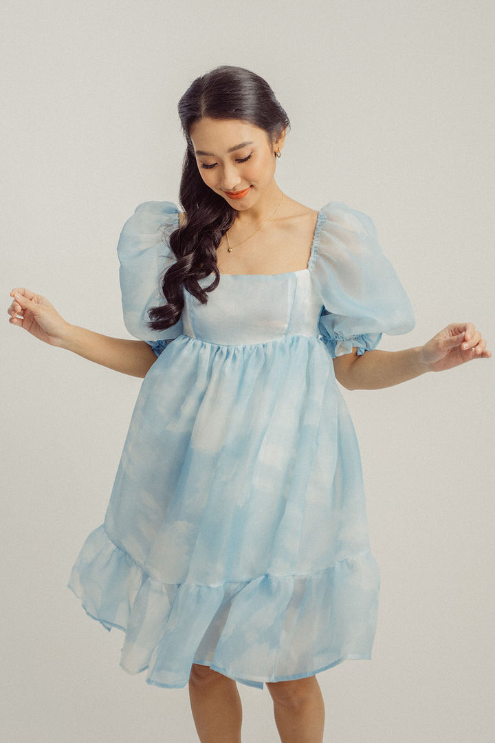 Maybelle Blue Sky Square Neck Puff Sleeves Ruffle Hem Babydoll Mini Dress