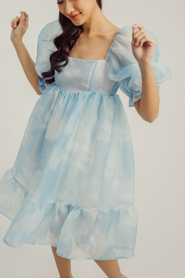 Maybelle Blue Sky Square Neck Puff Sleeves Ruffle Hem Babydoll Mini Dress