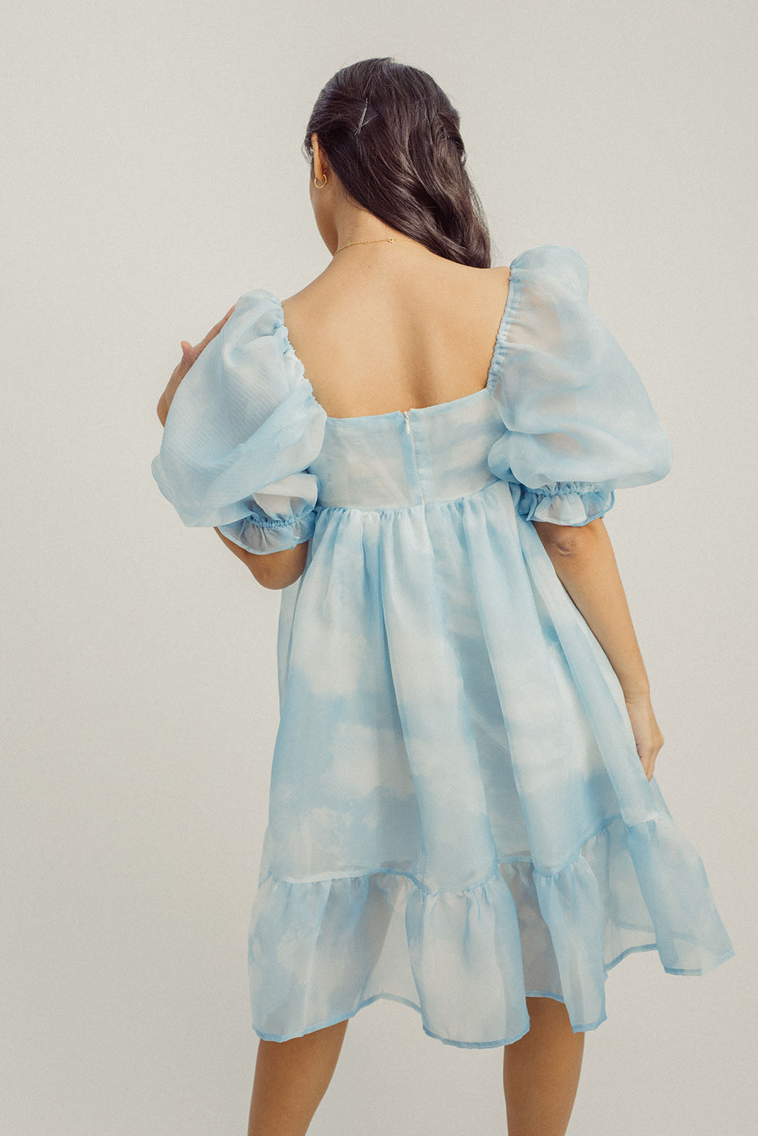 Maybelle Blue Sky Square Neck Puff Sleeves Ruffle Hem Babydoll Mini Dress