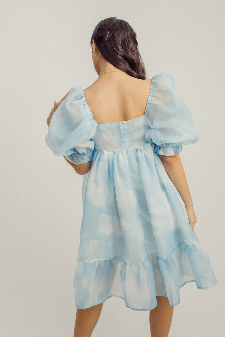 Maybelle Blue Sky Square Neck Puff Sleeves Ruffle Hem Babydoll Mini Dress