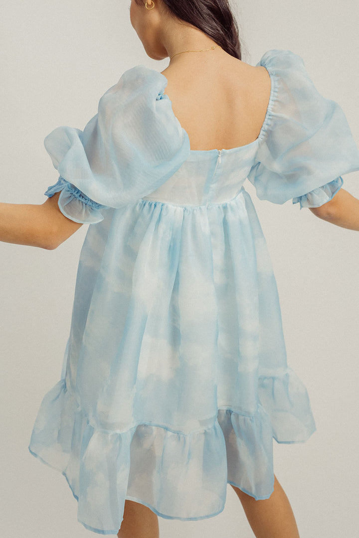 Maybelle Blue Sky Square Neck Puff Sleeves Ruffle Hem Babydoll Mini Dress