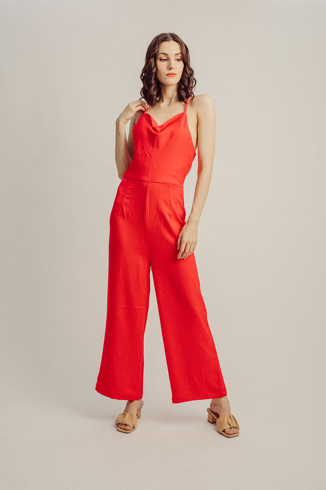 Lark Red Cowl Neck Sleeveless Self Tie Back Straight Cut Jumpsuit