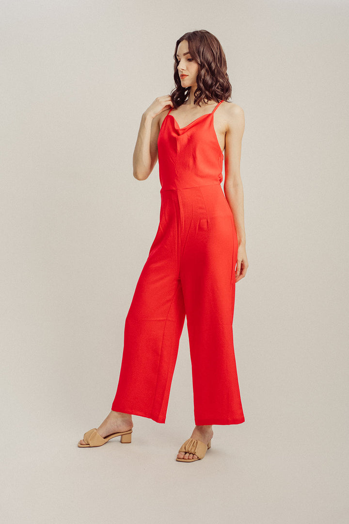 Lark Red Cowl Neck Sleeveless Self Tie Back Straight Cut Jumpsuit