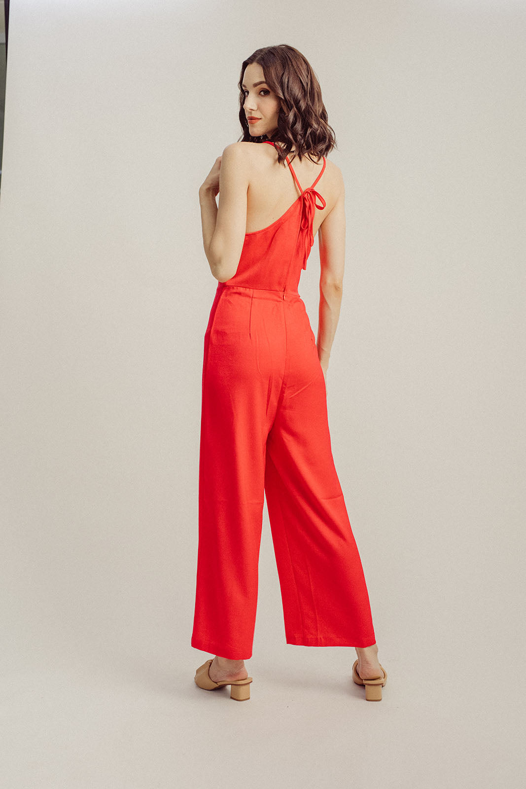 Lark Red Cowl Neck Sleeveless Self Tie Back Straight Cut Jumpsuit