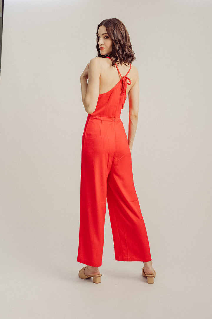 Lark Red Cowl Neck Sleeveless Self Tie Back Straight Cut Jumpsuit