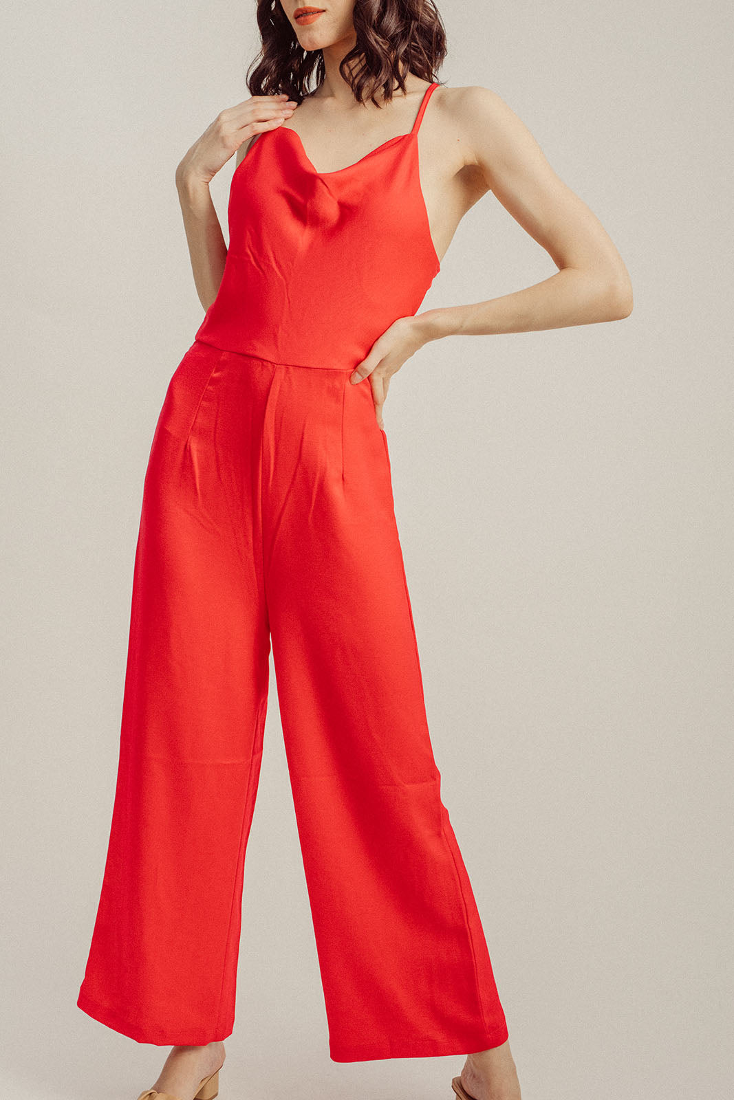 Lark Red Cowl Neck Sleeveless Self Tie Back Straight Cut Jumpsuit
