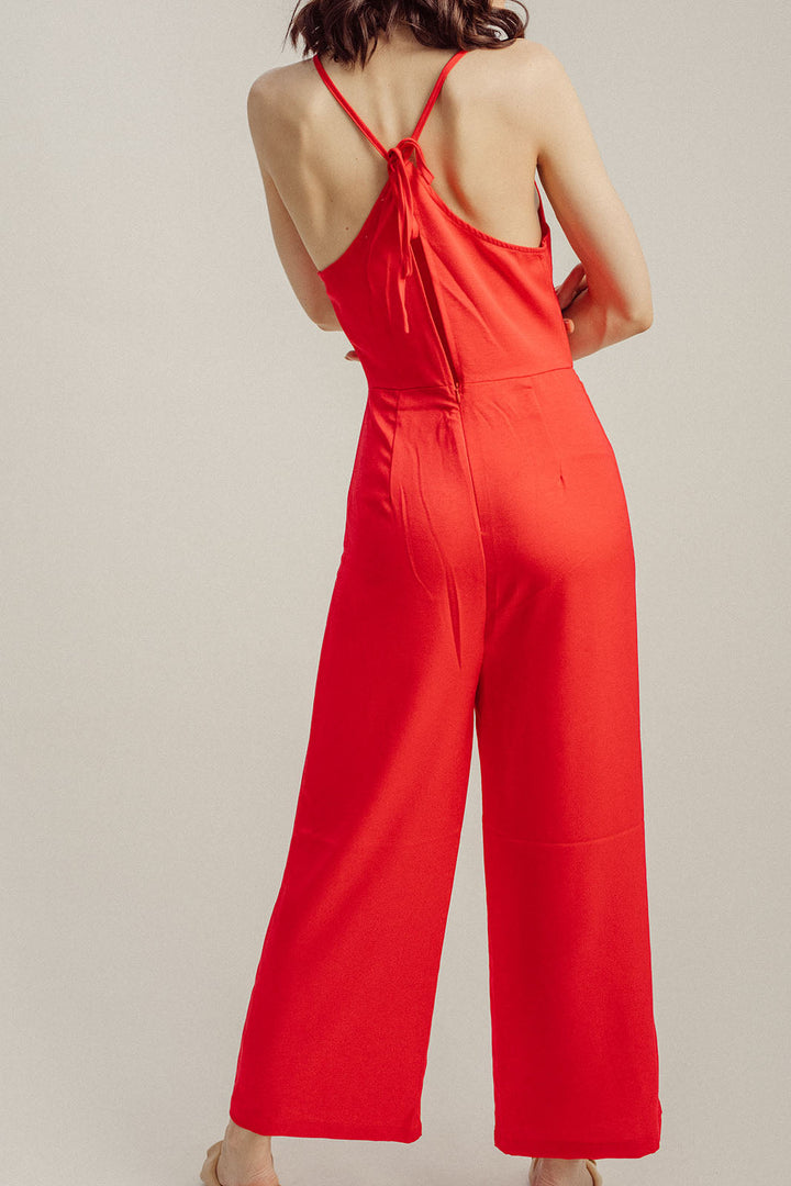 Lark Red Cowl Neck Sleeveless Self Tie Back Straight Cut Jumpsuit