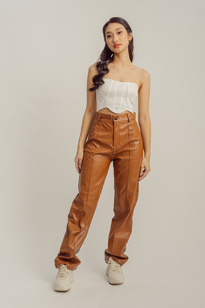 Scottie Brown Leather Zipper Fly Straight Cut Pants