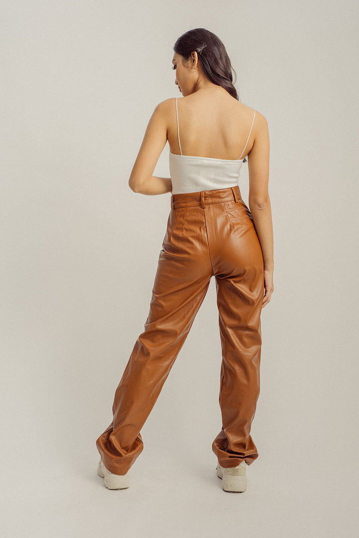 Scottie Brown Leather Zipper Fly Straight Cut Pants