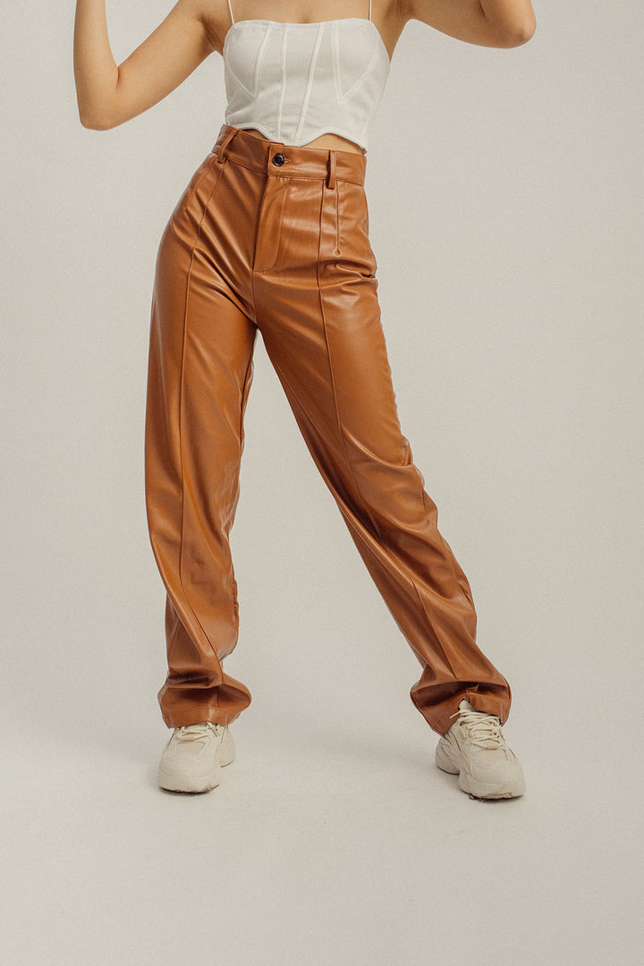 Scottie Brown Leather Zipper Fly Straight Cut Pants