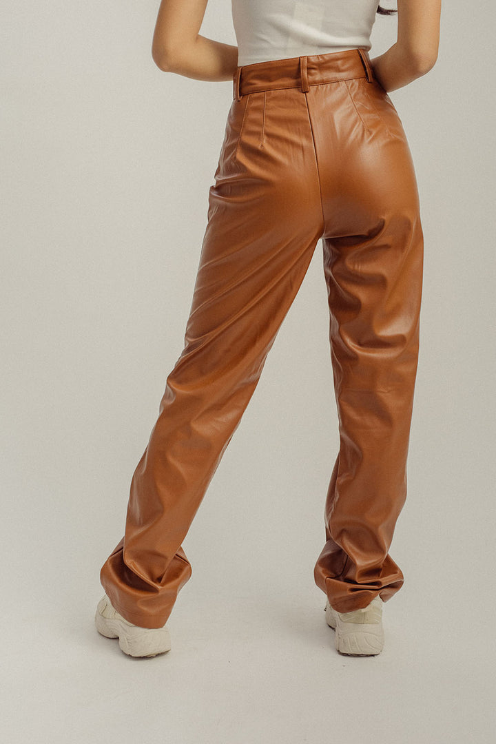 Scottie Brown Leather Zipper Fly Straight Cut Pants