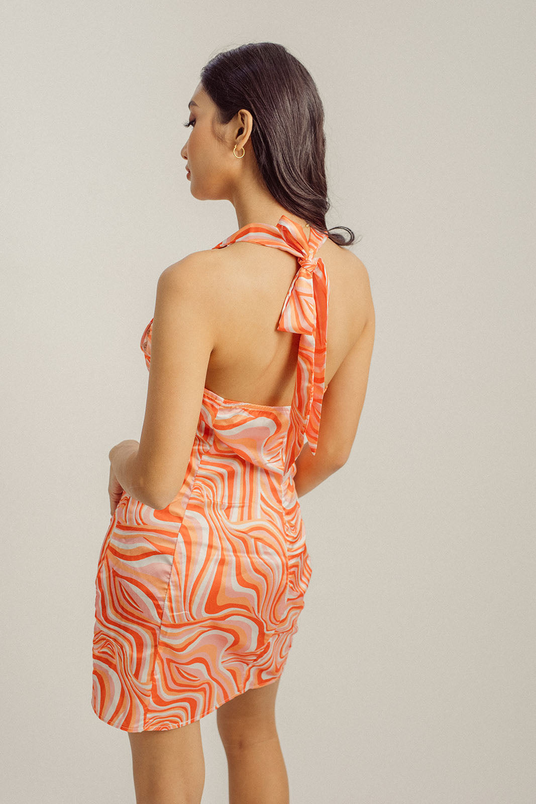 Malibu Orange Swirl All Over Print Halter Sleeveless Self Tie Mini Dress