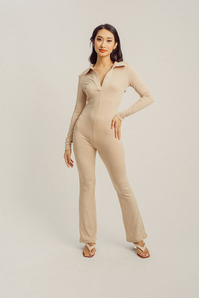 Hyeri Beige V Neck Collar Long Sleeves Bodyfit Jumpsuit