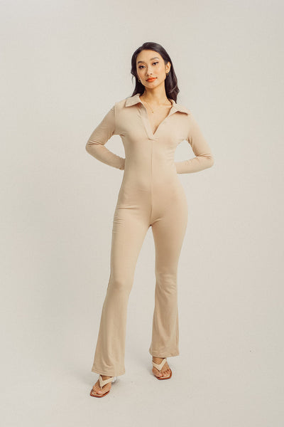 Hyeri Beige V Neck Collar Long Sleeves Bodyfit Jumpsuit