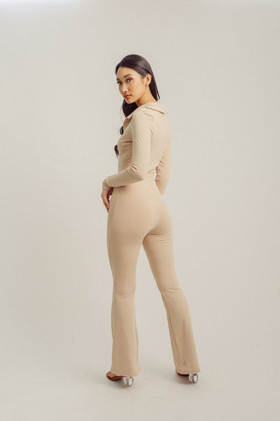 Hyeri Beige V Neck Collar Long Sleeves Bodyfit Jumpsuit