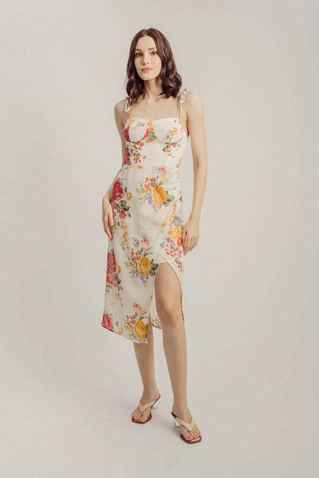Sally White Floral All Over Print Lined Bust Self-Tie Strap Overlap Skirt Midi Dress