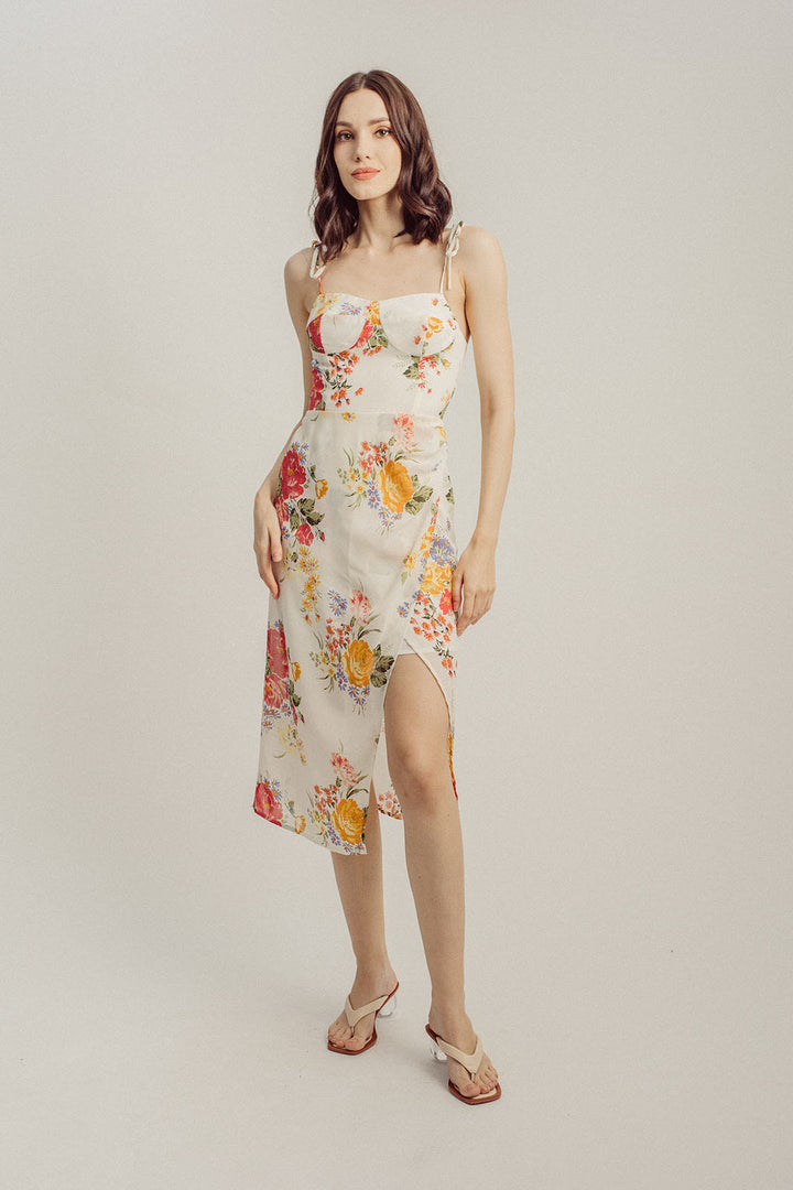 Sally White Floral All Over Print Lined Bust Self-Tie Strap Overlap Skirt Midi Dress