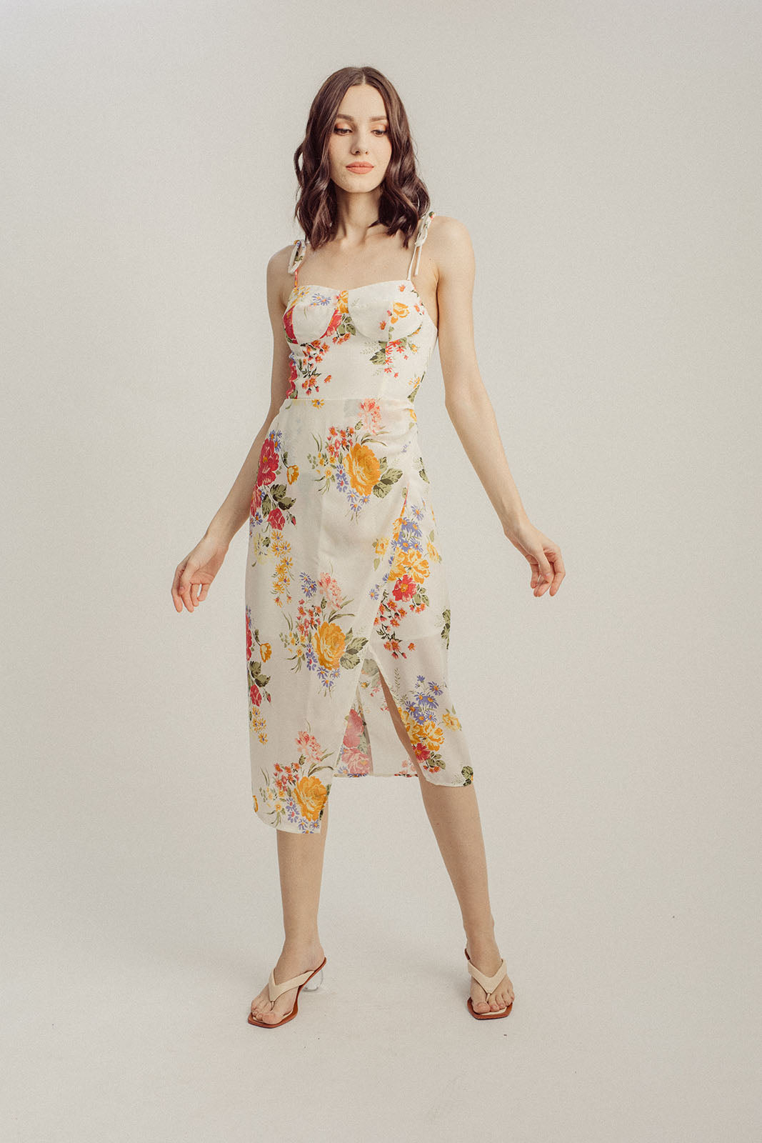 Sally White Floral All Over Print Lined Bust Self-Tie Strap Overlap Skirt Midi Dress