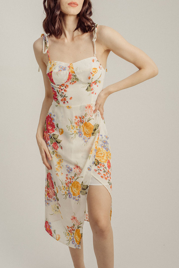 Sally White Floral All Over Print Lined Bust Self-Tie Strap Overlap Skirt Midi Dress