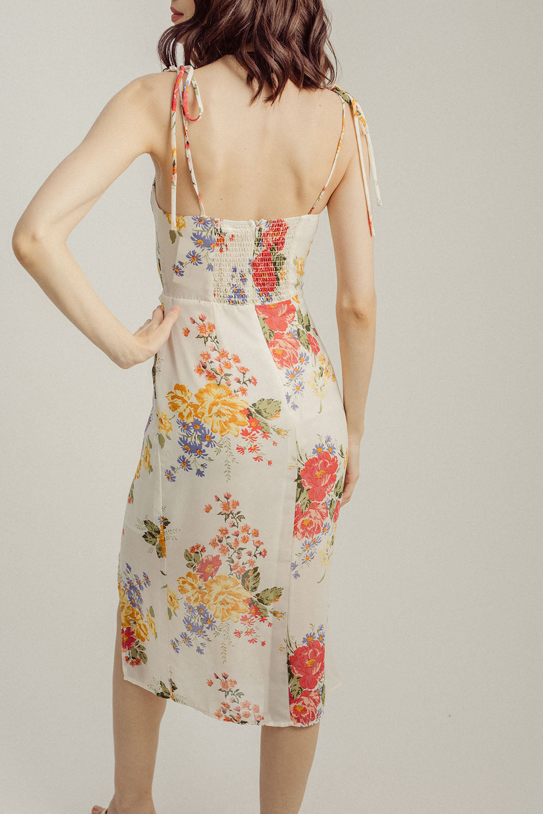 Sally White Floral All Over Print Lined Bust Self-Tie Strap Overlap Skirt Midi Dress