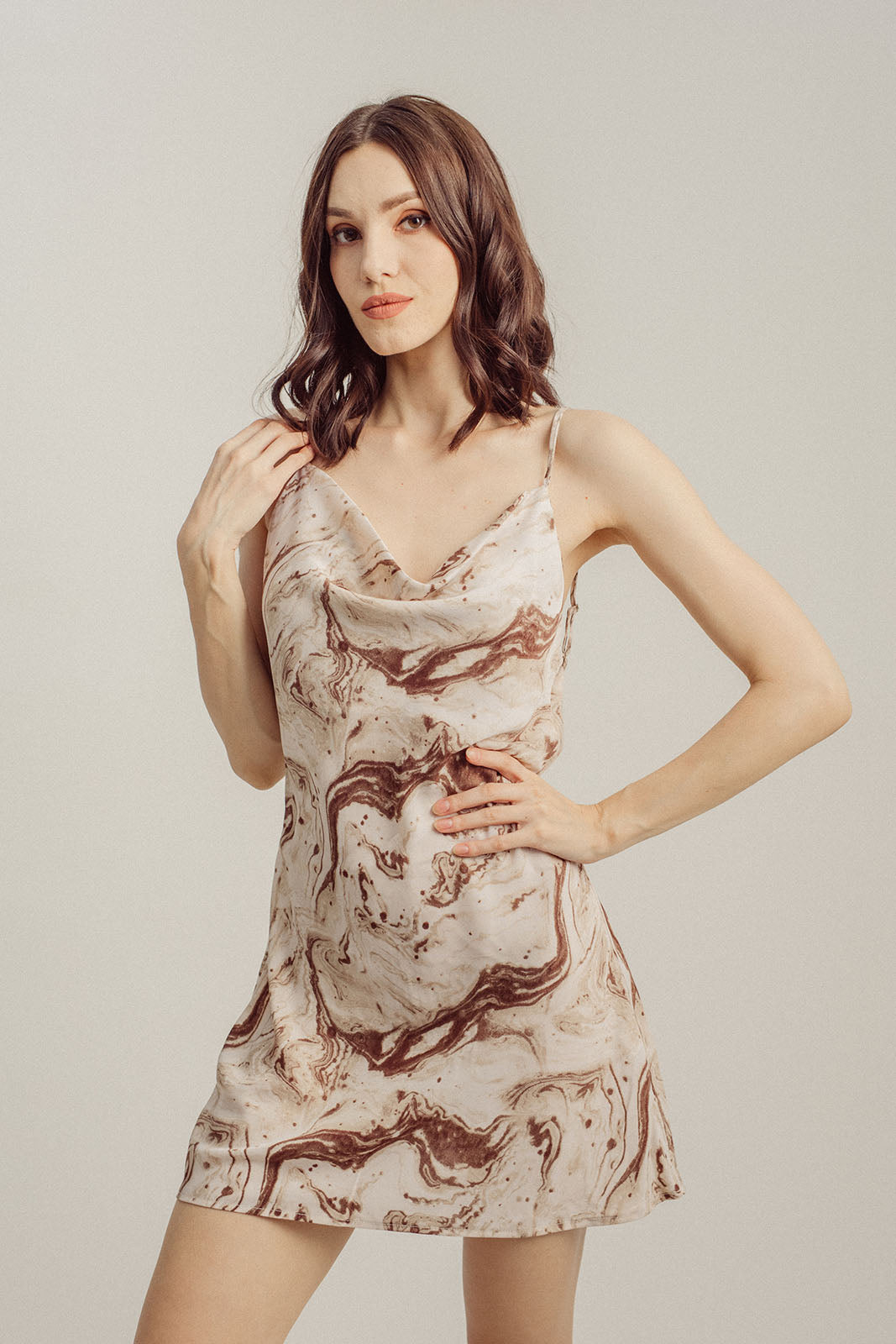 Kline Brown Marble All Over Print Cowl Neck Sexy Sleeveless Mini Dress