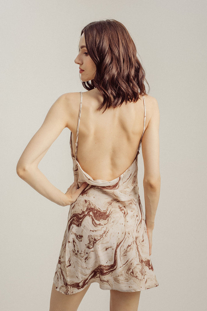 Kline Brown Marble All Over Print Cowl Neck Sexy Sleeveless Mini Dress