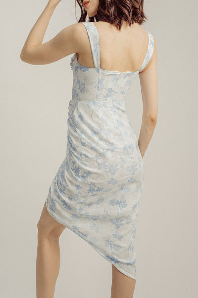 Cassie Baby Blue Floral Print Sweetheart Neckline Ruched Side Asymmetrical Skirt Self-Tie Mini Dress