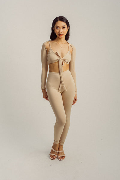 Neva Beige Knitted Bralette Top, Long Sleeves Cardigan and High Rise Pants Set