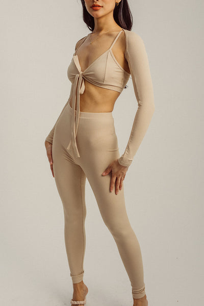 Neva Beige Knitted Bralette Top, Long Sleeves Cardigan and High Rise Pants Set