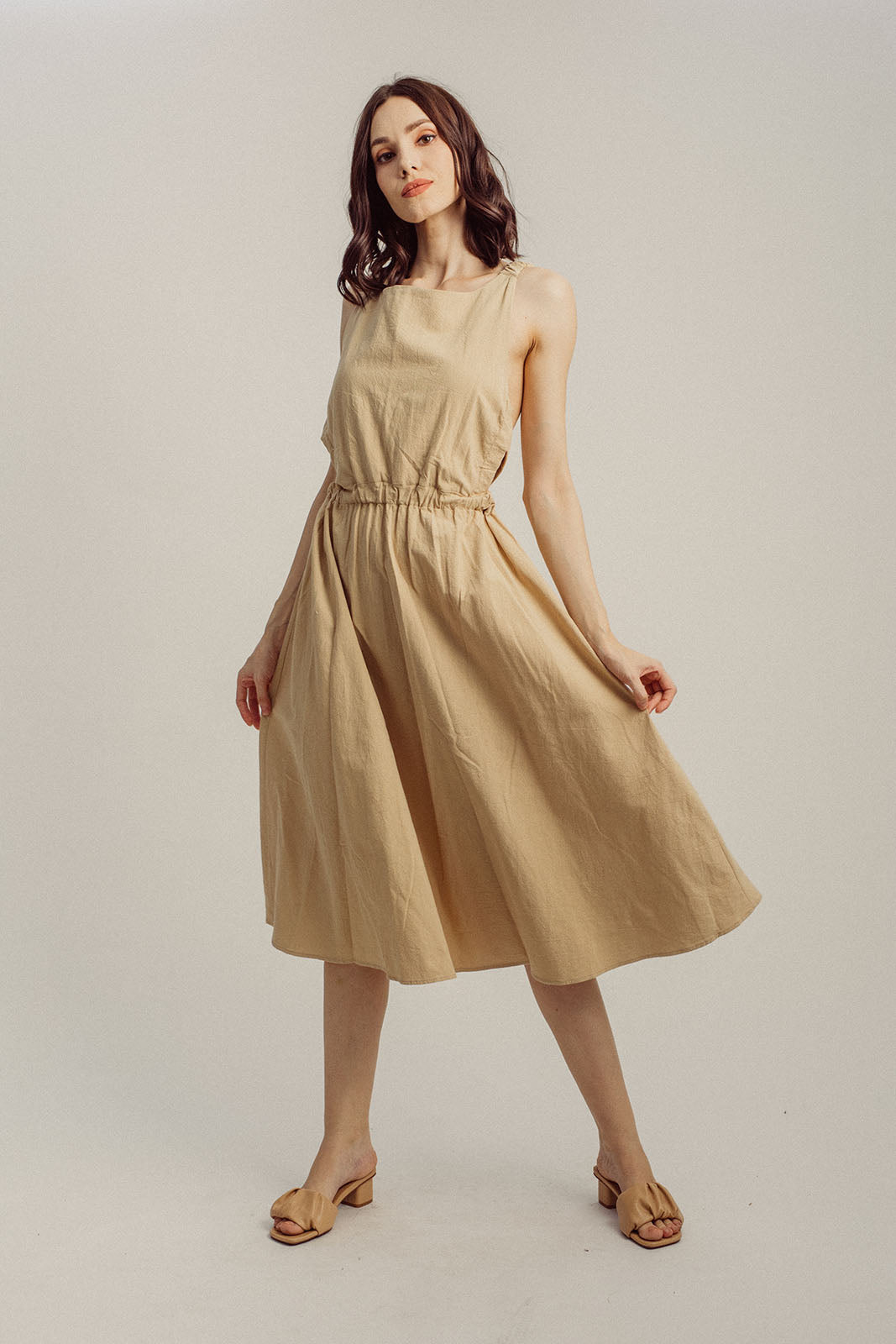 Danielle Beige Wide Neck Sleeveless Elastic Waist Midi Dress