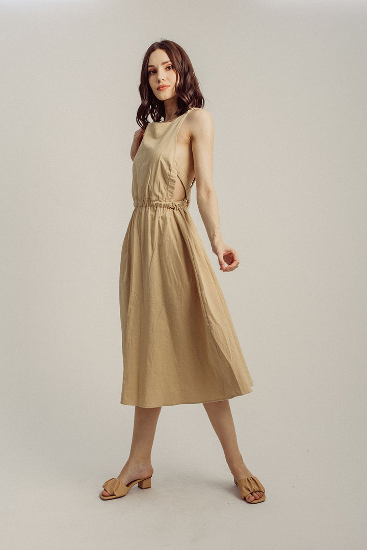 Danielle Beige Wide Neck Sleeveless Elastic Waist Midi Dress