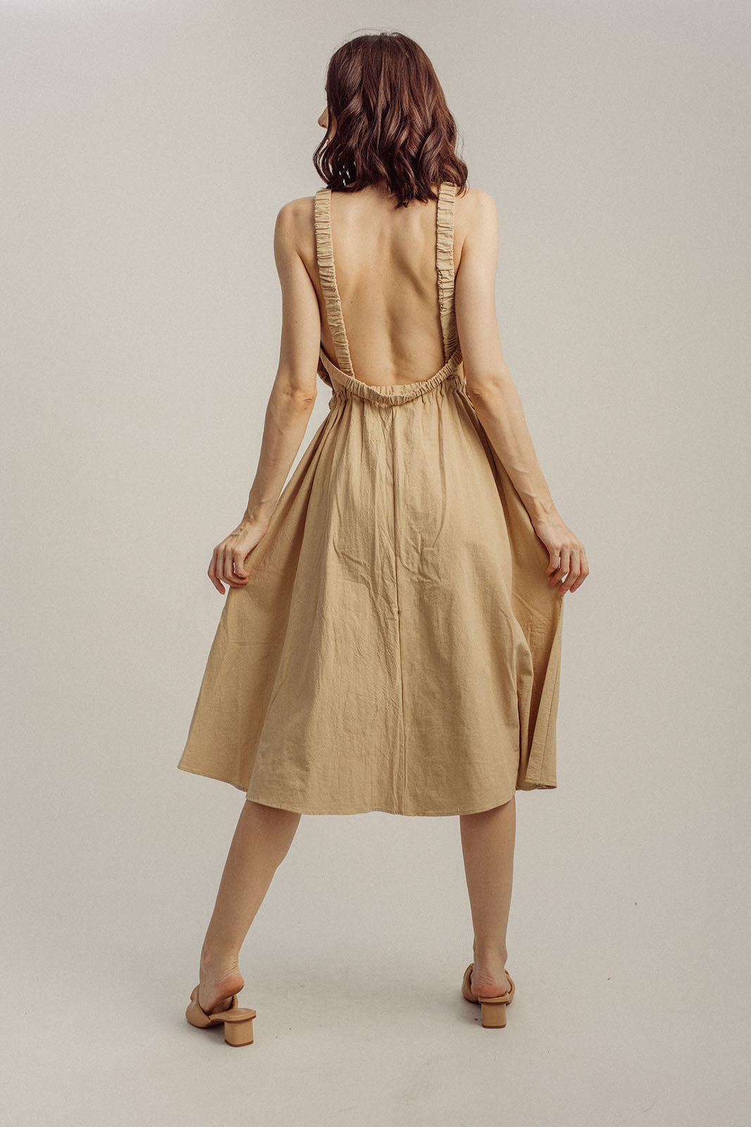 Danielle Beige Wide Neck Sleeveless Elastic Waist Midi Dress
