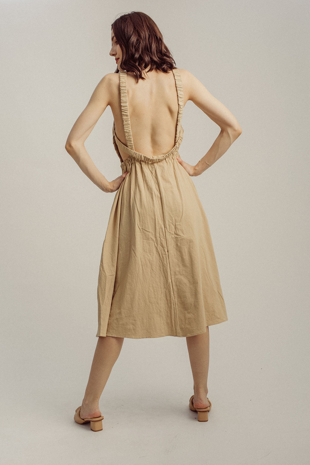 Danielle Beige Wide Neck Sleeveless Elastic Waist Midi Dress