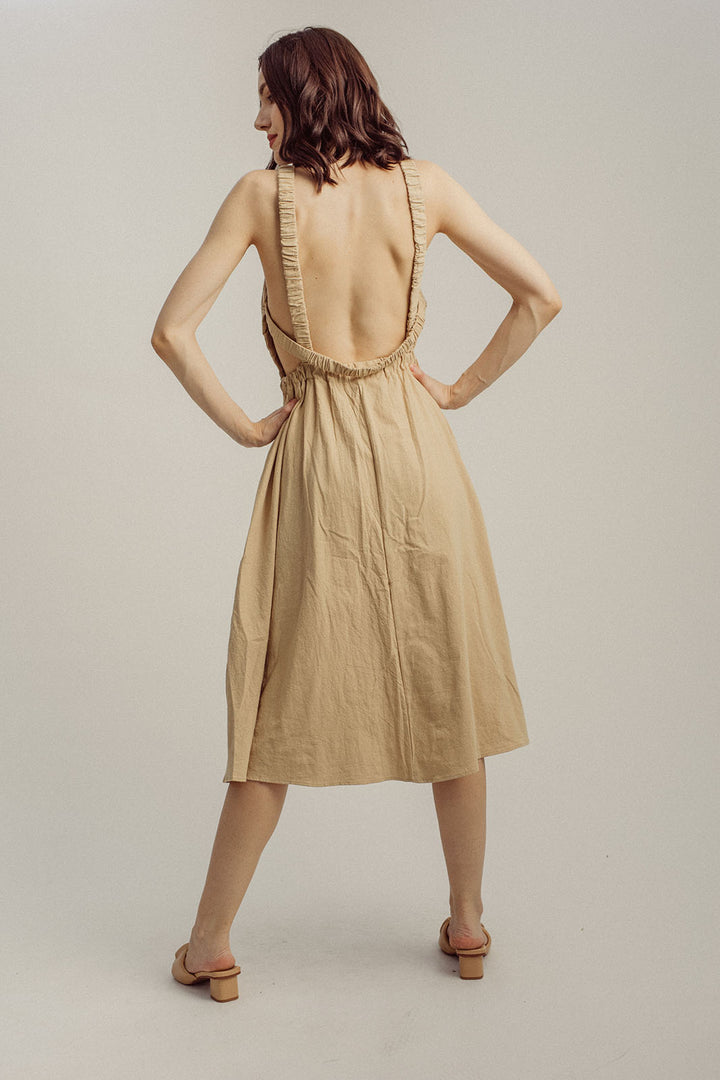 Danielle Beige Wide Neck Sleeveless Elastic Waist Midi Dress