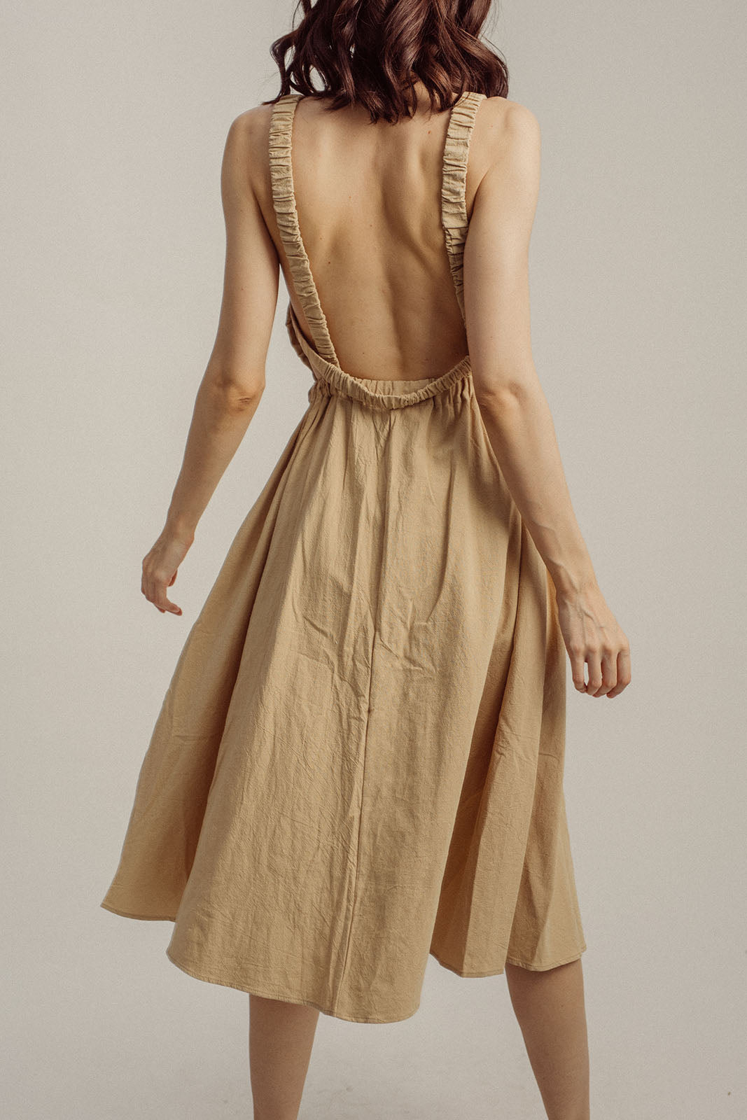 Danielle Beige Wide Neck Sleeveless Elastic Waist Midi Dress