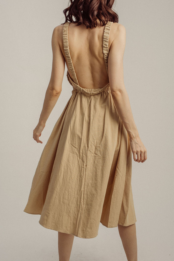 Danielle Beige Wide Neck Sleeveless Elastic Waist Midi Dress