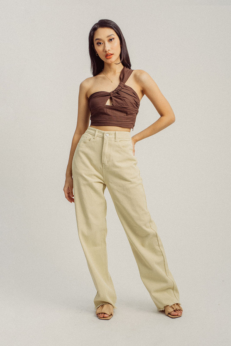 Mila Brown Ruched One Side Strap Sleeveless Crop Top